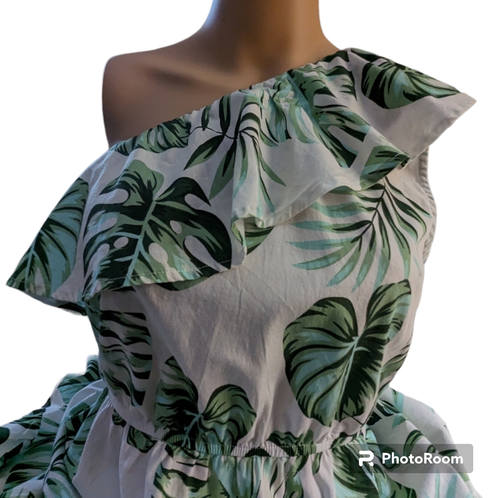 Cupshe Dress Womens Sz XL Green Leaves & Fronds Ruffles One Shoulder 100% Cotton - Picture 3 of 12